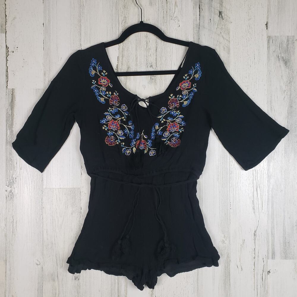Rebellion Black Embroidered Bell Sleeve Romper S